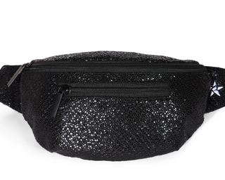 Black glittery sling bag on a white background