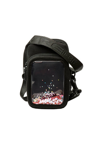 Neoprene in Black Rebel Phone Case Crossbody with Floating Glitter