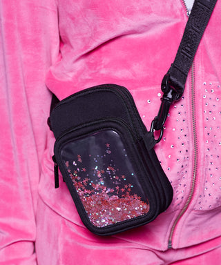 Neoprene in Black Rebel Phone Case Crossbody with Floating Glitter