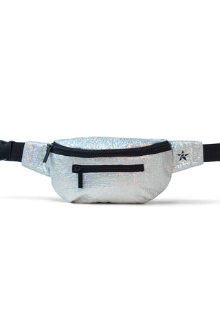 A silvery iridescent fanny pack with black zipper detailing, designed for youth, with an adjustable waist strap.