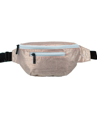 A youth-sized pink champagne sparkling silk fanny pack with white zipper.