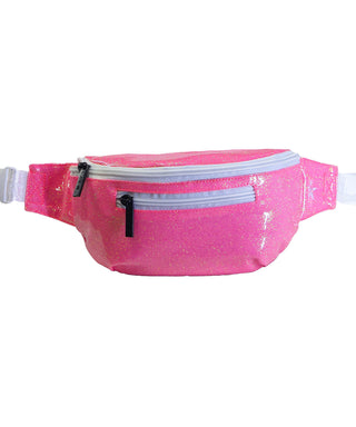 Neon pink glossy fanny pack with white zipper, designed for youth, with two compartments and an adjustable waist strap.