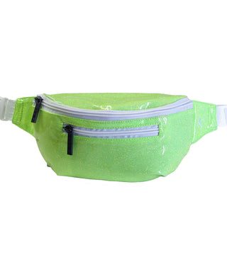 A neon green fanny pack with white zipper designed for youth, featuring multiple compartments and an adjustable waist strap.