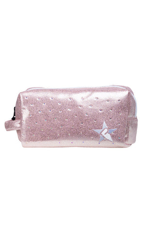 Faux Suede in Pink Champagne with Crystal Scatter Rebel Makeup Bag with White Zipper