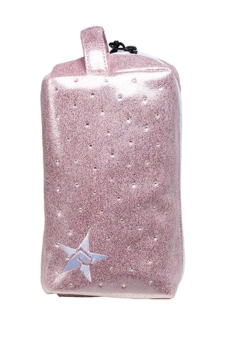 Faux Suede in Pink Champagne with Crystal Scatter Rebel Makeup Bag with White Zipper