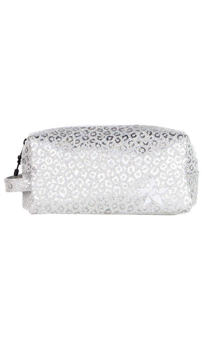 Leopard in Silver Rebel Makeup Bag with White Zipper
