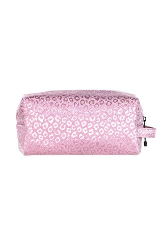 Leopard in Pink Rebel Makeup Bag with White Zipper