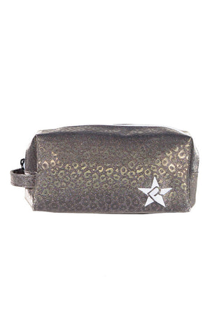 Leopard in Gunmetal Rebel Makeup Bag with White Zipper