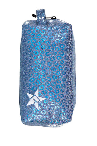 Leopard in Steel Blue Rebel Makeup Bag with White Zipper