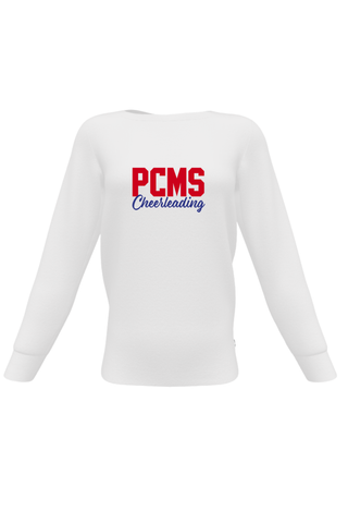 Loose Fitting Long Sleeve Crew Neck T-Shirt in White with Plainfield Community Middle School Cheer - IN Logo in Matte Screenprint