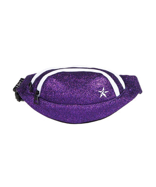 An amethyst purple fanny pack with white zipper and a star detail on the front compartment. It appears to be designed for adult wear and has an adjustable strap.