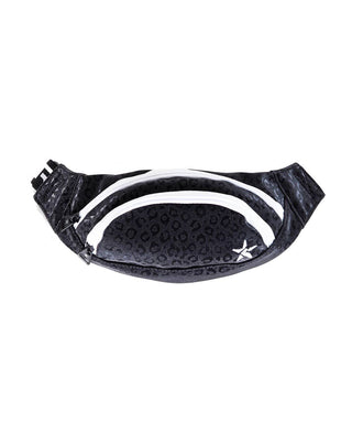 A black fanny pack with a leopard print design and a white zipper.