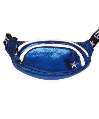 A royal blue faux suede youth fanny pack with white zipper, featuring a star pattern and an adjustable black strap.