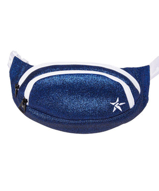 A royal blue fanny pack with white zipper detail and a small white star logo on the front compartment. It appears to be designed for youth with an adjustable waist strap.