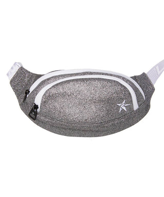 A gray fanny pack with white zipper detailing and a logo on the front, designed for youth wear.