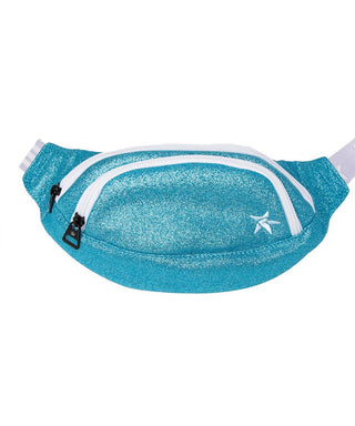 A blue glittery fanny pack with white zipper and a star detail on the front.