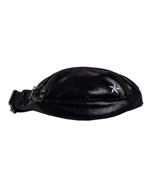 A black faux suede fanny pack with a visible zipper and a star pattern, designed for youth wear.