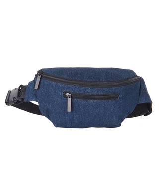 A blue denim fanny pack with black zipper detailing and an adjustable waist strap.