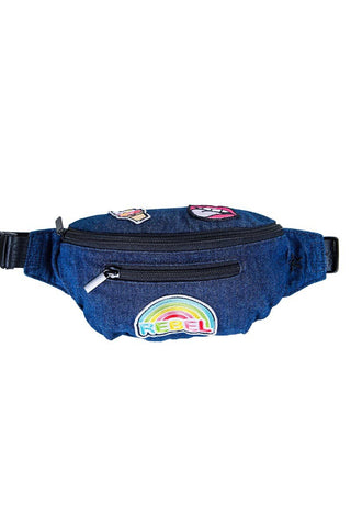 A blue denim fanny pack with black zipper and adjustable waist strap, featuring patches and a visible brand logo.