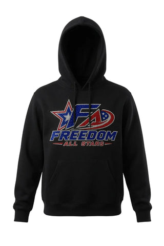 A black pullover hoodie with a large 'FA Freedom All Stars' graphic on the chest, featuring a red, white, and blue star design, shown against a plain light gray background.